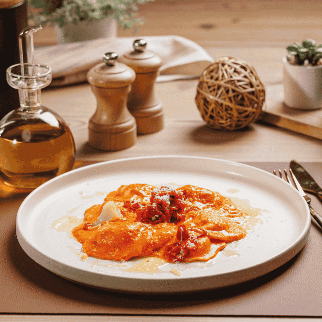 Aurelia-gourmet-ravioli-s-kozjim-sirom-i-crnim-maslinama-u-umaku-od-pecene-paprike-i-safrana